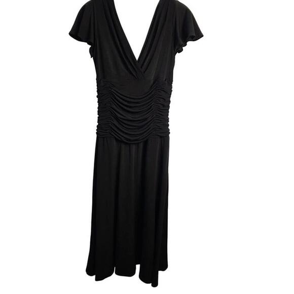 Dressbarn Black Ruched Midi Dress 4 Short Flutter Sleeves V-Neck Polyester Blen - Picture 1 of 8